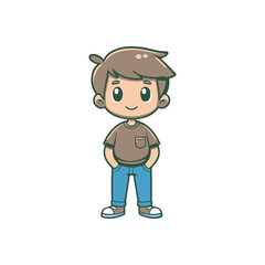 Cheerful young boy standing confidently with hands in pockets, bright background with playful elements