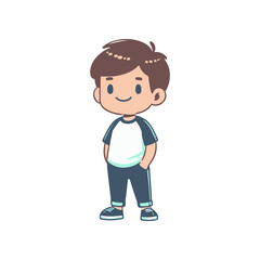 Cheerful young boy standing with hands in pockets, wearing casual clothing, isolated on white background