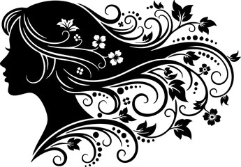 Elegant silhouette of a woman with flowing hair adorned with delicate flowers and swirling natural motifs, perfect for beauty and wellness brands.