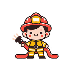 Cheerful young firefighter holding a hose, ready for action in a bright, playful style