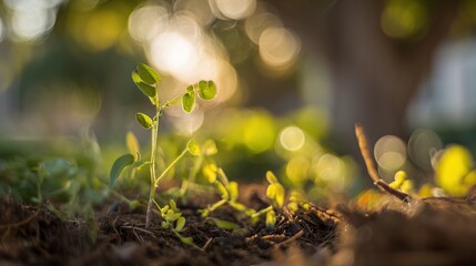 sapling. Young sapling emerging from rich soil, sunlight filtering through leaves in a detailed macro view.
