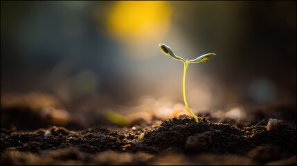 sapling. Young sapling emerging from rich soil, sunlight filtering through leaves in a detailed macro view.