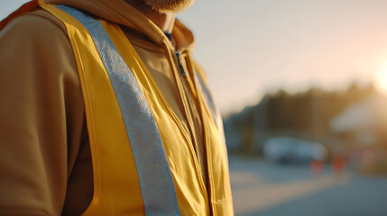 A worker in a yellow safety vest standing in a sunny area, demonstrating the importance of workplace safety