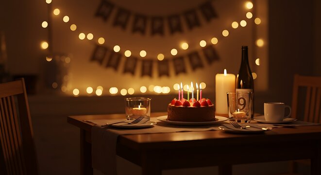 Romantic birthday dinner with cake and wine.