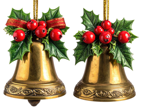 Two golden Christmas bells, adorned with holly and red berries, hanging on strings