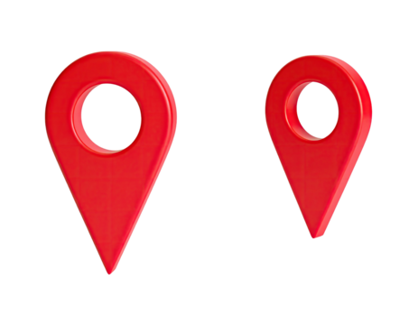 Two red 3D map markers against a black background