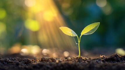 sapling. Young sapling emerging from rich soil, sunlight filtering through leaves in a detailed macro view.