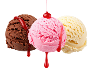 Three scoops of ice cream, chocolate, strawberry, and vanilla, drizzled with red syrup