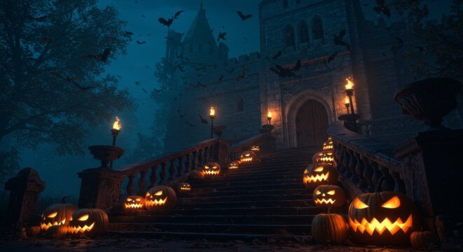 Eerie Halloween Night, Illuminated Pumpkins Leading to a Haunted Castle