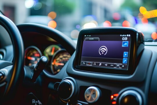Wireless network symbol displayed on modern car dashboard infotainment system, enhancing connectivity and convenience while driving in urban traffic