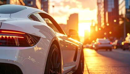White sports car at sunset in city