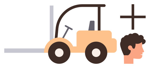 Forklift alongside a human head and a plus sign emphasizing workplace safety, teamwork, and industrial processes. Ideal for safety training, teamwork, warehouse efficiency, logistics, equipment