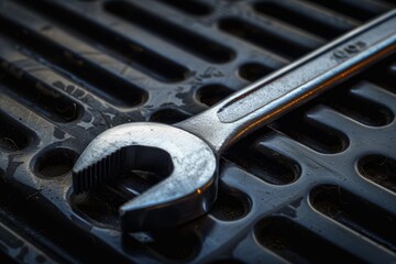 Fototapeta premium Chrome wrench lying on a dark metal surface, suggesting industrial work or maintenance