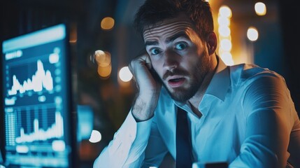 Surprised businessman night office