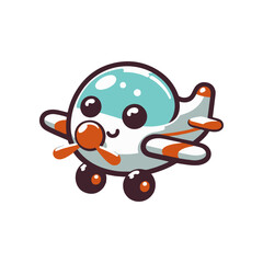 Cute cartoon airplane with a smiling face and colorful details flying against a white background