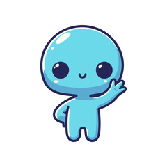 Cute blue cartoon character waving cheerfully, set against a simple white background, ideal for children's content