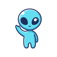 Cute blue alien character waving hello, set against a simple white background, ideal for playful designs
