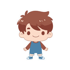Cute cartoon boy with brown hair wearing blue overalls and sneakers, standing cheerfully