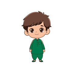 Cute cartoon boy in green traditional outfit standing with a cheerful expression in a simple background