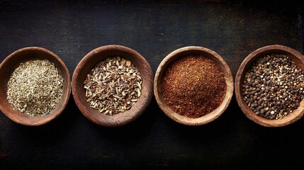 taste. Artisanal collection of dried herbs and spices in wooden bowls, emphasizing natural culinary ingredients. menu design.