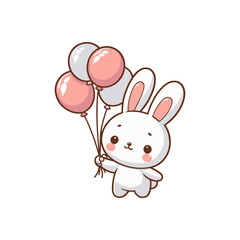 Cute cartoon bunny holding colorful balloons in a whimsical setting, perfect for children's themes