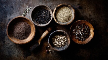 taste. Artisanal collection of dried herbs and spices in wooden bowls, emphasizing natural culinary ingredients. menu design.