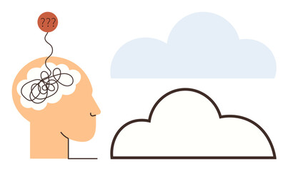 Tangled lines inside a human head with a question-mark balloon and two clouds suggest mental confusion transitioning to clarity. Ideal for self-help, psychology, mindfulness, mental health