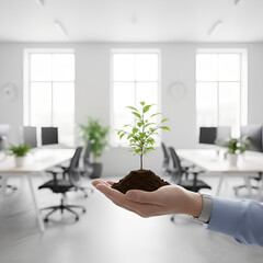 plant in hand, office background business growth concept