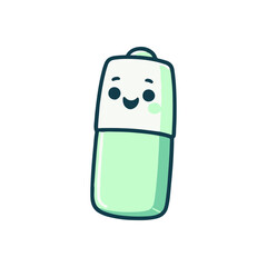 Cute cartoon character of a smiling mint green bottle with a happy face, isolated on white