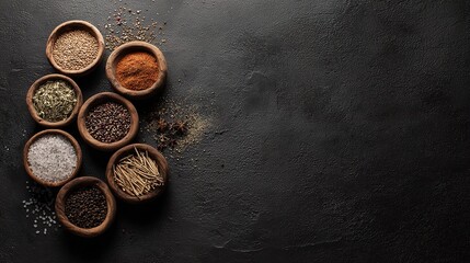 taste. Artisanal collection of dried herbs and spices in wooden bowls, emphasizing natural culinary ingredients. menu design.