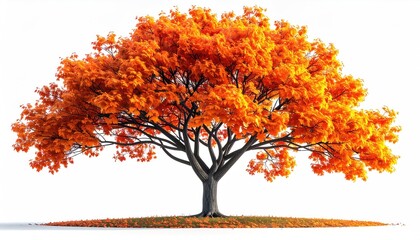 A vibrant, full autumn tree with fiery orange leaves, set against a stark white background.  A small mound of fallen leaves surrounds its base