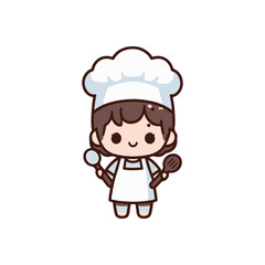 Cute cartoon chef character holding a spoon and spatula in a playful kitchen setting