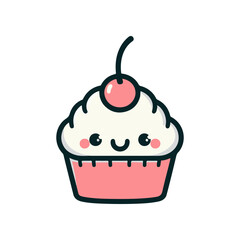Cute cartoon cupcake with cherry on top, smiling face, simple background, perfect for dessert themes