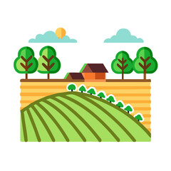Fototapeta premium farm landscape illustration with sun and clouds in bright colors 