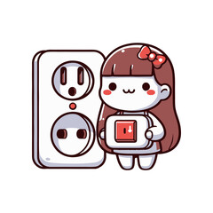 Cute cartoon girl holding a power button near an electrical outlet in a playful setting