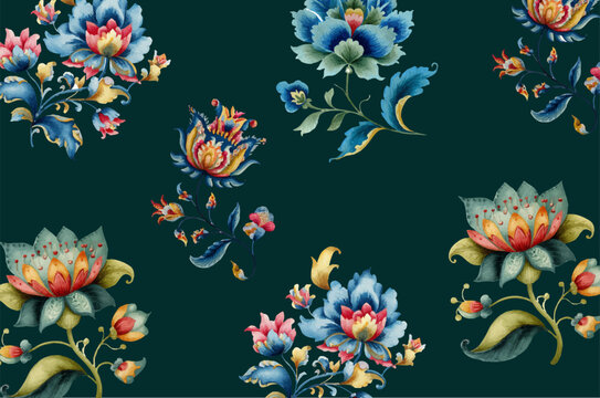 Jacobean floral embroidery patterns bring a fantasy touch to vintage design. Create backgrounds full of rhythm and harmony. Ethnic batik details blend with retro elegance. Vector illustrations