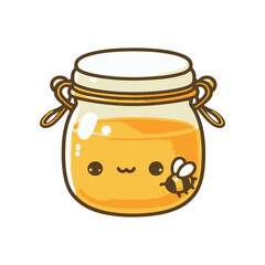 Cute cartoon jar of honey with a smiling face and a bee, set against a simple white background