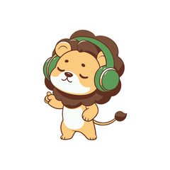 Cute cartoon lion character wearing headphones, dancing joyfully in a vibrant, playful setting