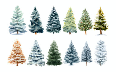 Watercolor set of winter Christmas trees. Forest green and blue Christmas trees covered with snow. Christmas and New Year snowy trees. Winter Christmas trees covered with white snow. 