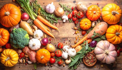 秋の野菜、かぼちゃとにんじん、収穫の恵み、ウッドテーブルの食材、オーガニック野菜、スパイスとハーブ、ヘルシーフードの背景、季節の野菜盛り合わせ、ナチュラルな食卓、カラフルな根菜、秋の料理素材、自家製野菜、家庭菜園の収穫、秋の農産物、自然派ライフスタイル
