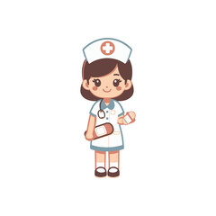 Cute cartoon nurse holding medication and a stethoscope, standing against a plain background