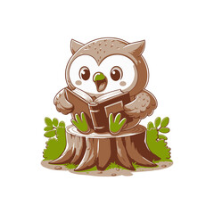 Cute cartoon owl reading a book on a tree stump surrounded by greenery and plants