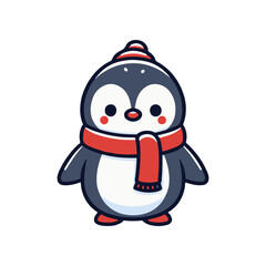Cute cartoon penguin wearing a red scarf and hat, standing against a simple white background