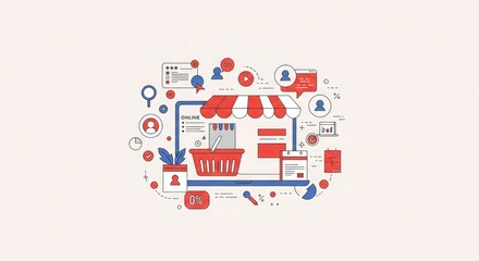 Illustration of an online store with a shopping cart and various e-commerce elements, representing digital retail and business.