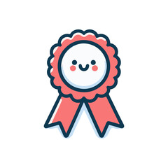 Cute cartoon ribbon badge with a smiling face, symbolizing achievement and celebration