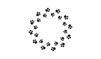 Circular arrangement of black paw prints on a white background