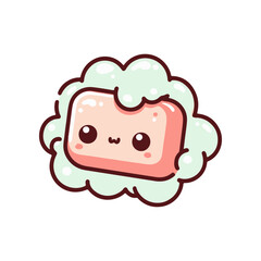Cute cartoon soap character surrounded by fluffy bubbles, evoking cleanliness and joy