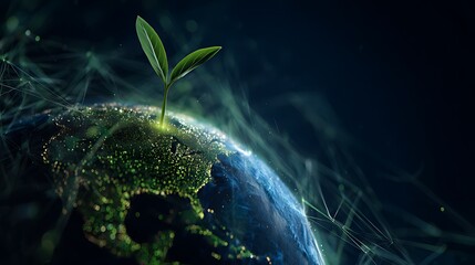 A small green sprout growing on top of planet earth hope