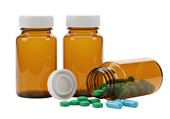 Isolated group of prescription medication amber vials and capsules against a neutral backdrop