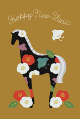 新年の祝福：椿と千鳥が馬に集まる華やかでおしゃれな年賀状素材（午年）